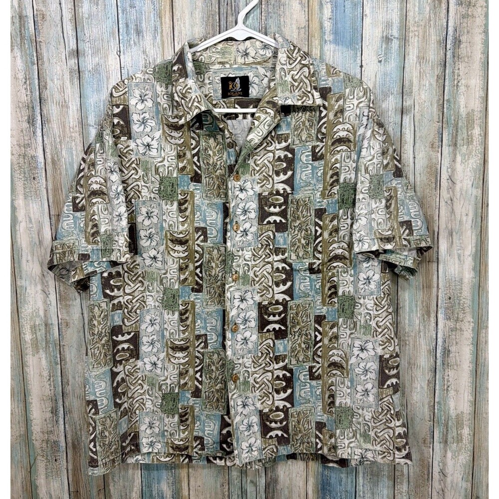 Iolani Mens Hawaiian Aloha Shirt Button Front Abstract Tribal Print Medium 23"